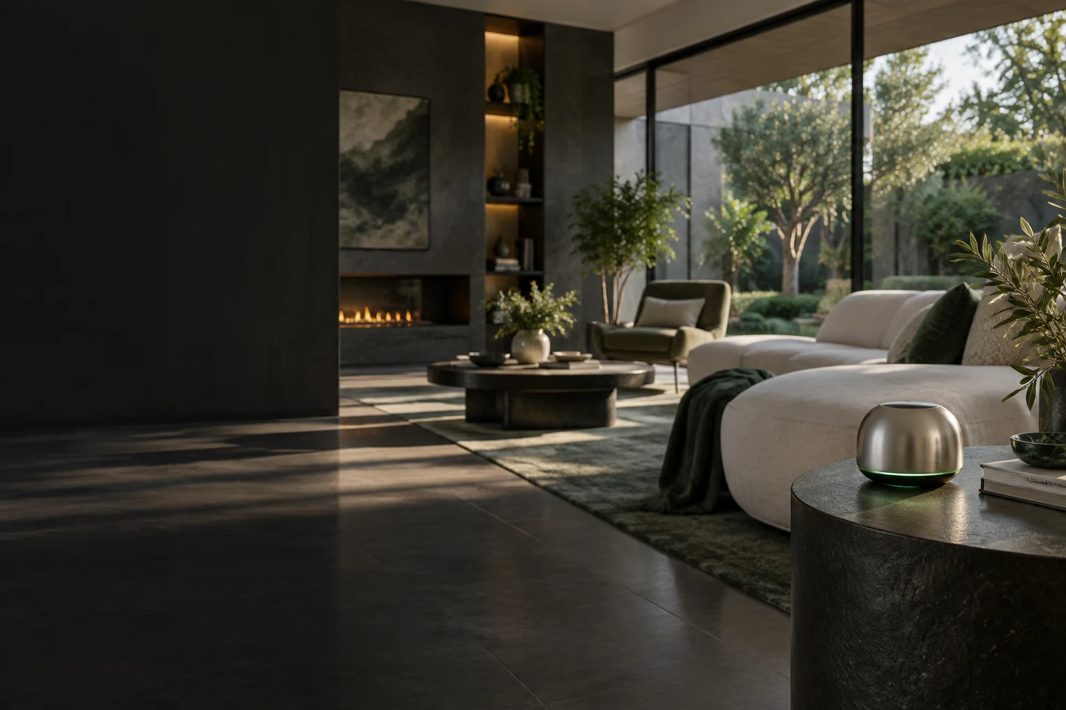 Ý tưởng phòng khách tương lai với sofa trắng, cây xanh và trợ lý thông minh nhỏ trên bàn